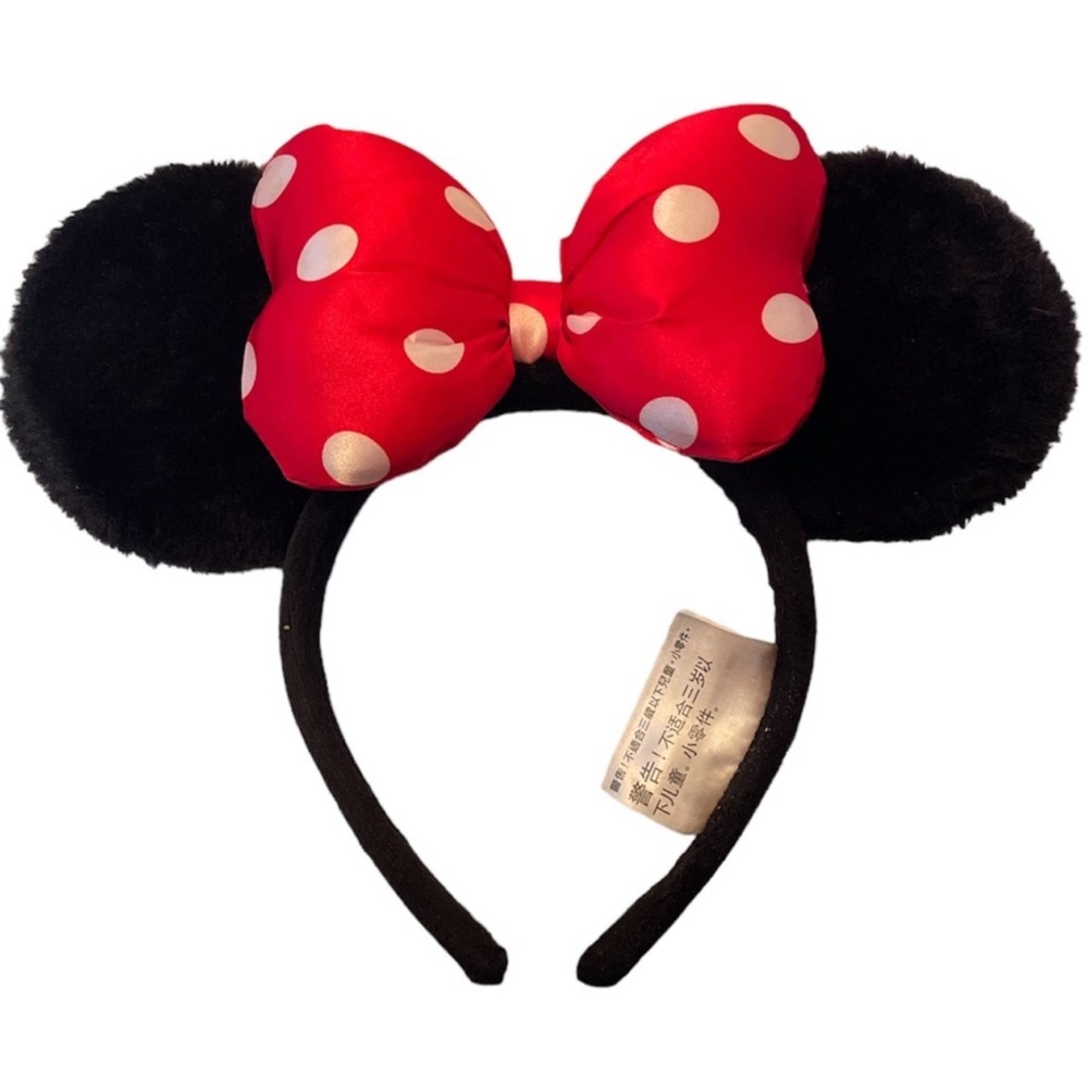 Disney Parks Minnie Mouse Black Plush Ears Red Satin Polka Dot Bow Headband